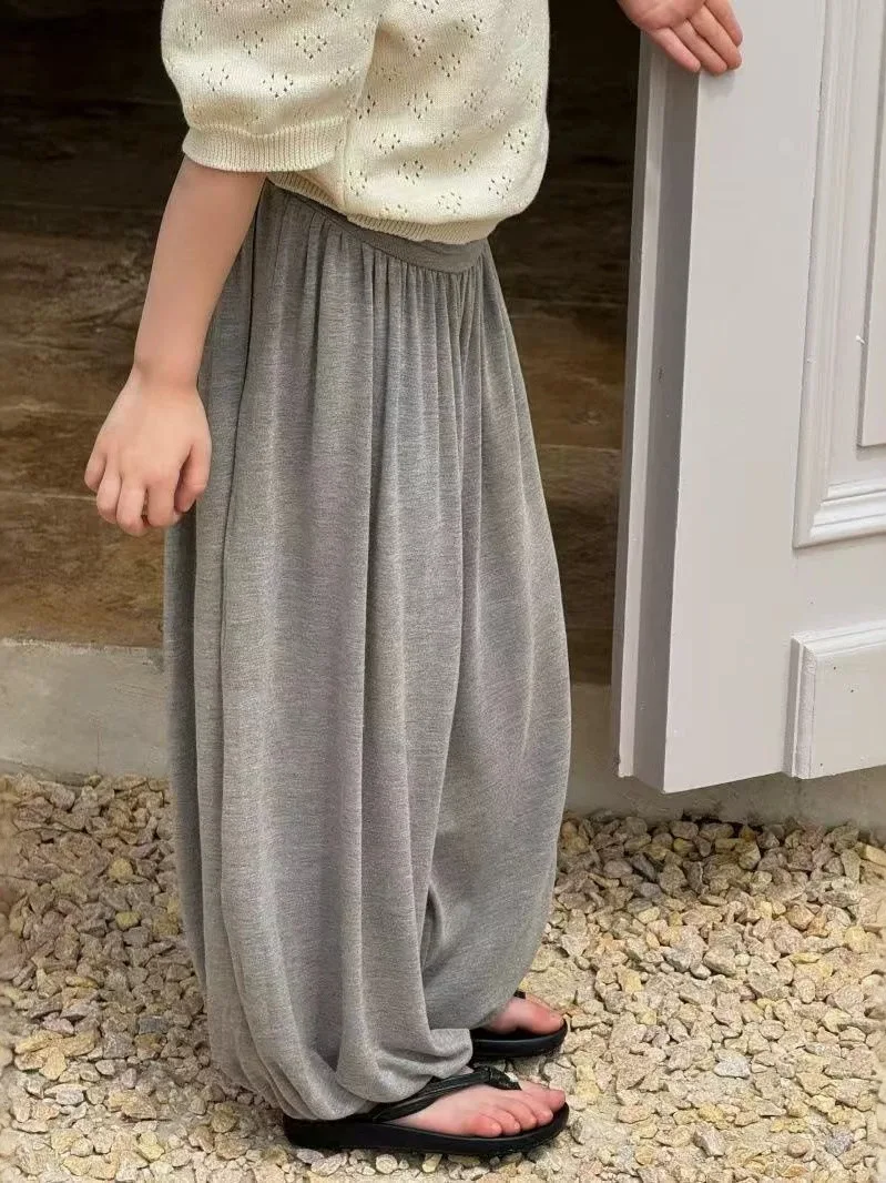 Children's Korean Style Modal Anti-Mosquito Loose Sports Pants Long Wide Leg Cuffed Casual Female Kids Trousers