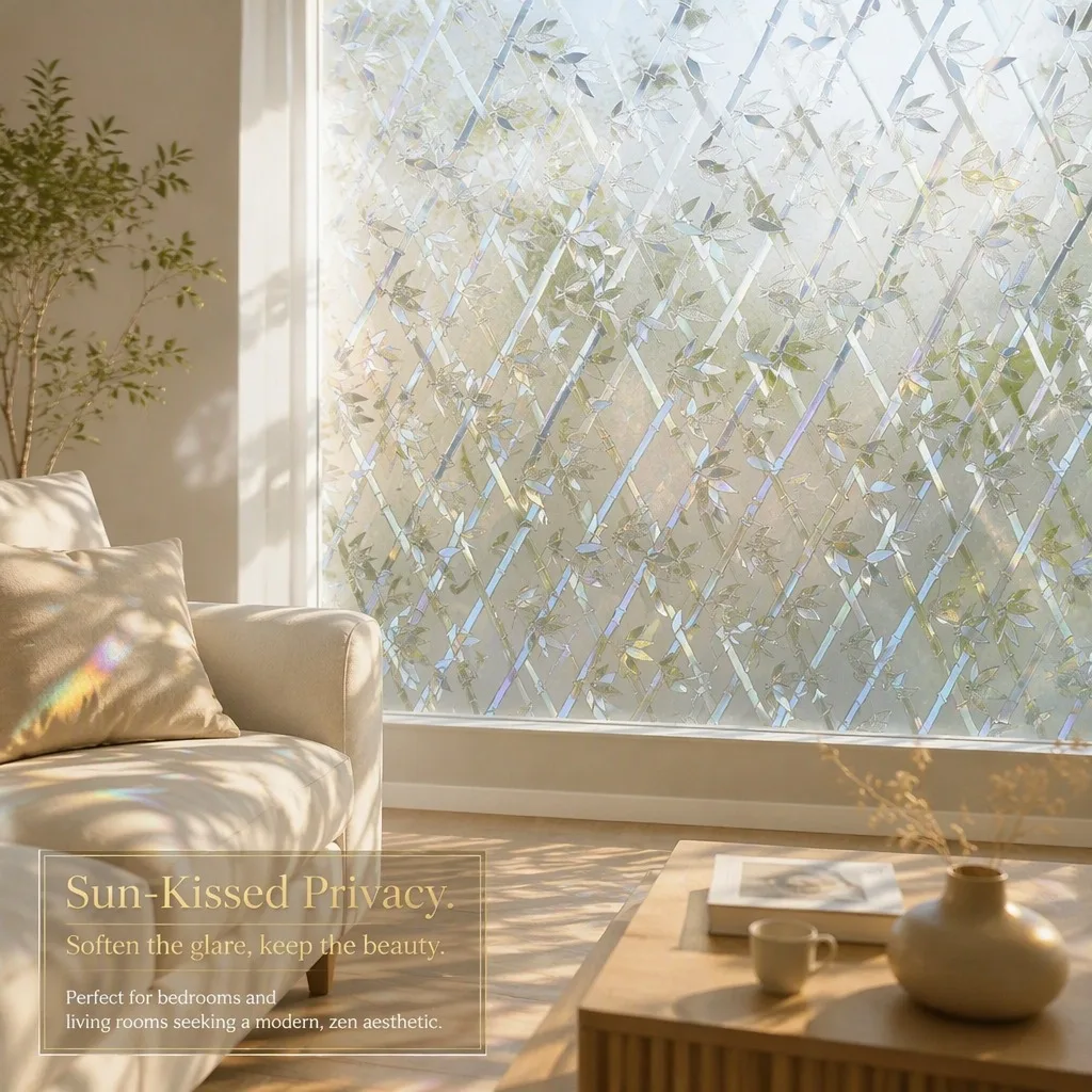Iridescent Bamboo Privacy Window Film Static Cling Frosted Rainbow Laser Sticker Non-Adhesive for Bathroom Bedroom