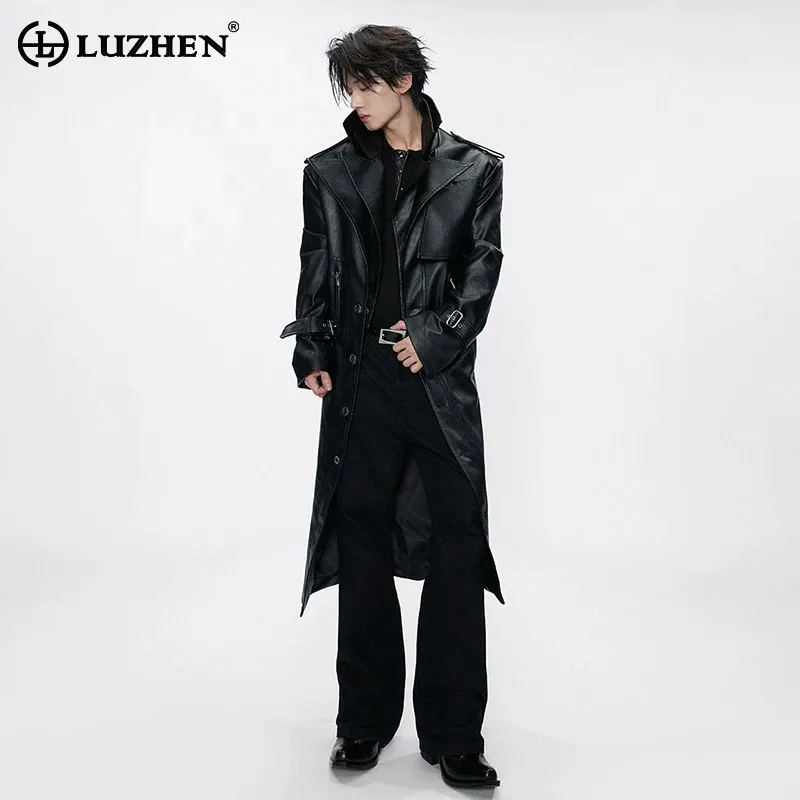LUZHEN 2026 New Fashion Elegant Double Layer Collar Patchwork Design PU Leather Windbreaker Men's Slim Belt Trench Coat JY9453