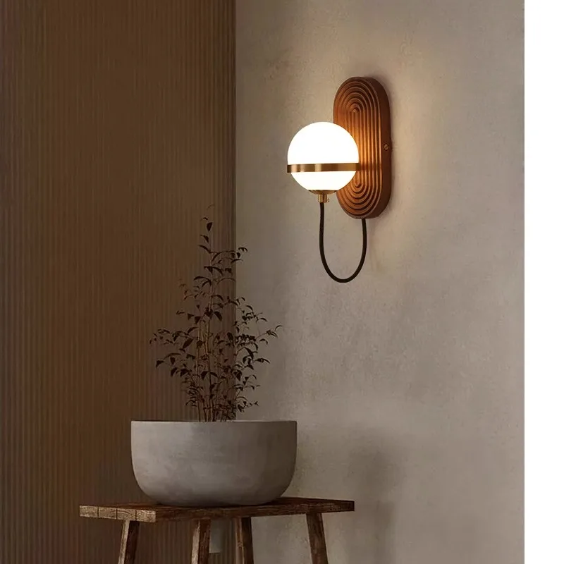 Wabi-sabi-Modern Style Walnut Wood Circular Wall Sconce Luz, minimalista, quarto, cabeceira, estar, sala de jantar