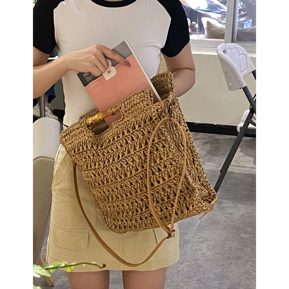 Bamboo Handle Straw Handbag Handmade Woven Beach Bags for Women Paper Rope Knitting Rattan Bag Square Shoulder Crossbody Bag New