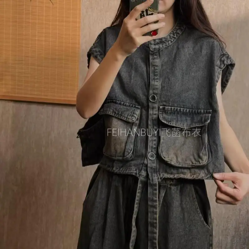 New Arrival Spring Autumn Arts Style Women Single Breasted Sleeveless Cotton Denim Coats Double Pockets Vintage Loose Vest F9396