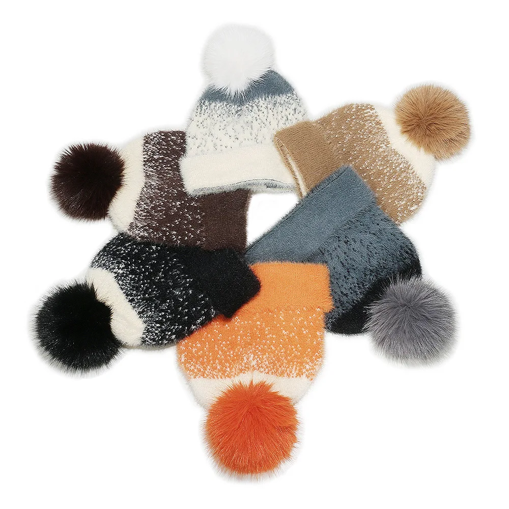 Super Soft Knit Hat for Women, Stretchy Warm Winter Slouchy Cap with Cozy Ball Gradient Color Ombre Fuzzy Pom Beanie