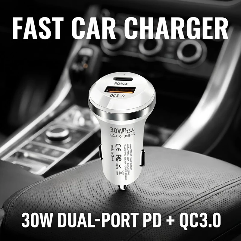 48W Fast Charging Car Adapter Dual Port Type C PD 30W and USB A QC 3.0 Fireproof Mini Fit For iPhone 15 Pro For Samsung Galaxy
