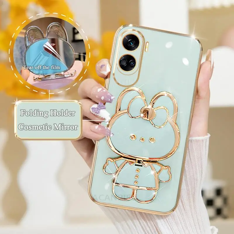 Honor90lite Mirror Plating Holder Case For Huawei Honor 90 Lite 90lite 50 70 Pro 50pro X8 X8a 5g 4g Silicone Stand Cover Honor90