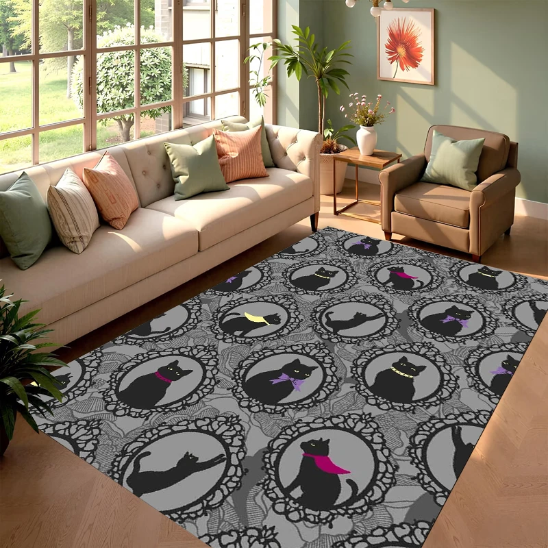 Retro Black Cat Print Rug, Gothic Kitten Pattern Area Rug, Cute Pet Carpet for Living Room Bedroom