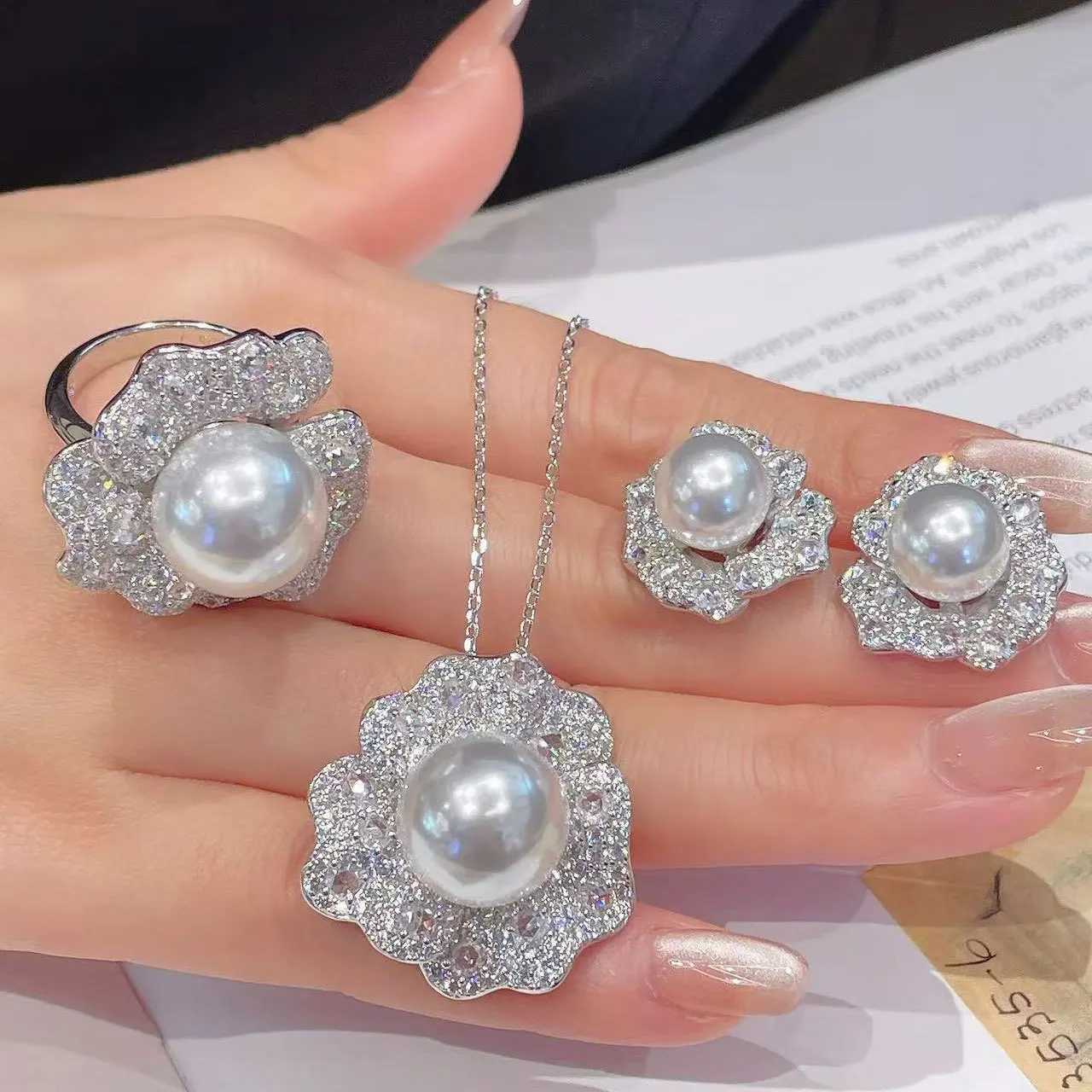 Design sense original wedding new in micro inlaid with diamonds pearls vintage beads flower rings necklaces earring jewelry sets