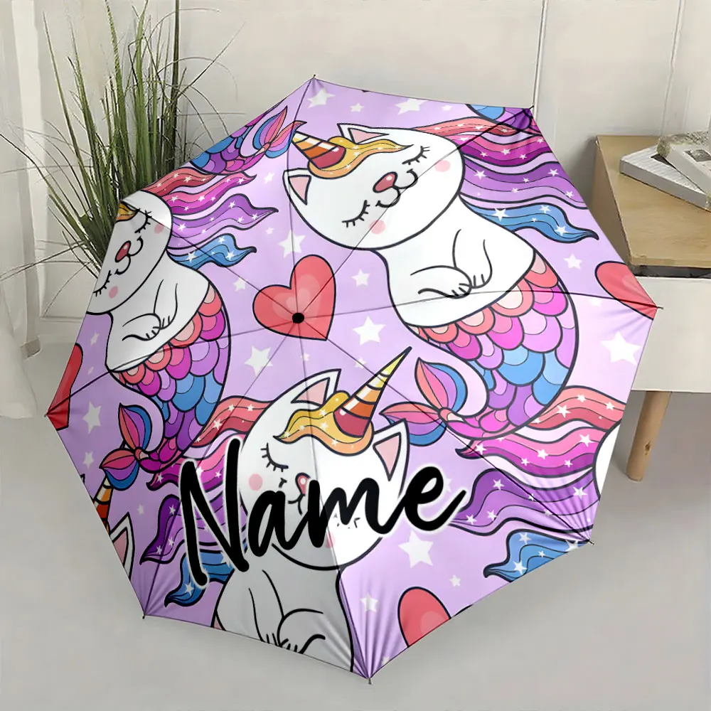 Custom Name Umbrella Magical Unicorn Cat on Colorful Umbrella Print 8 Iron Ribs Folding Umbrella Auto-Open Fashion Sunshade