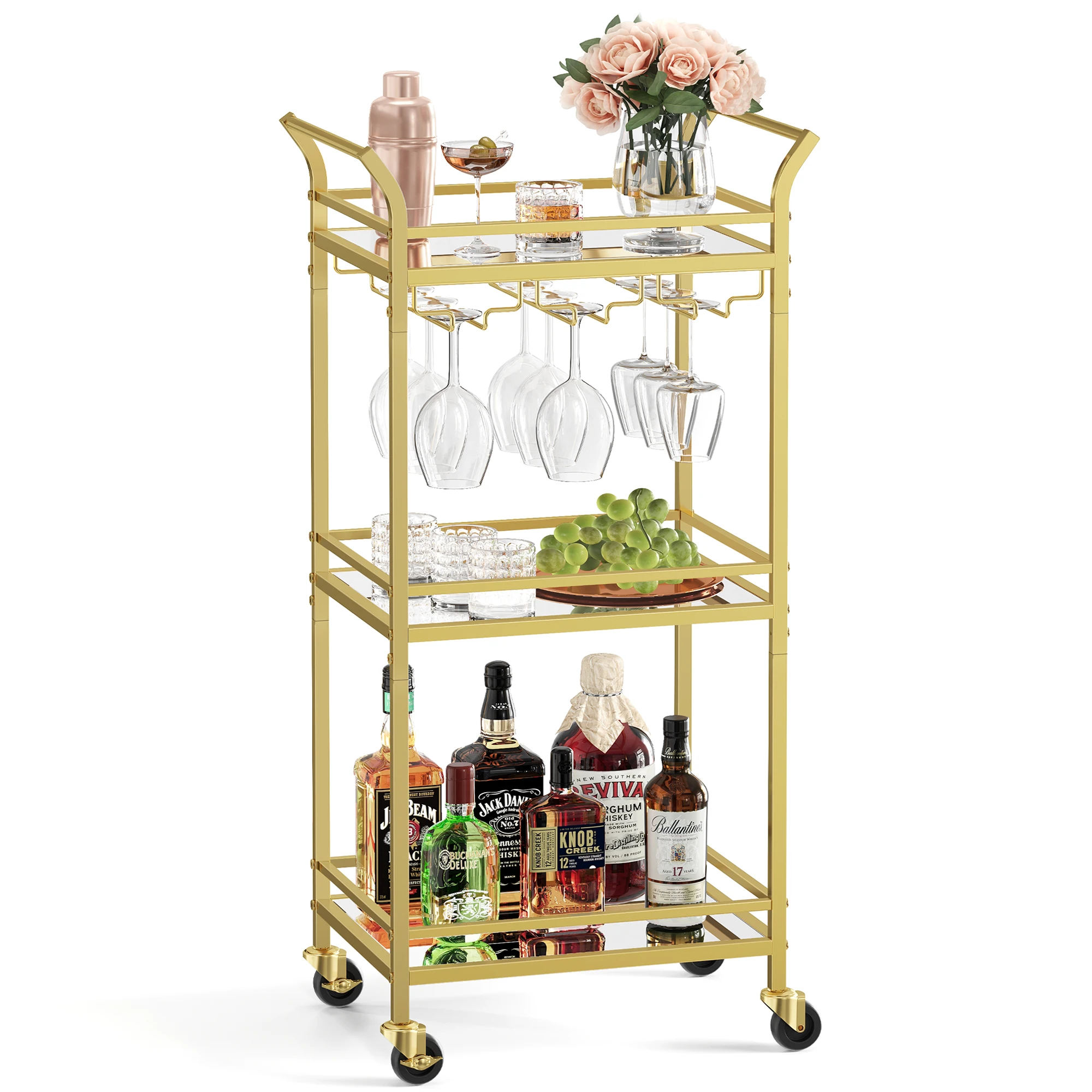 VASAGLE Bar Cart, Home Bar Serving Cart, Small Bar Cart with 3-Tier Shelf, Wine Holders, Glass Holders, Mini Bar Cart