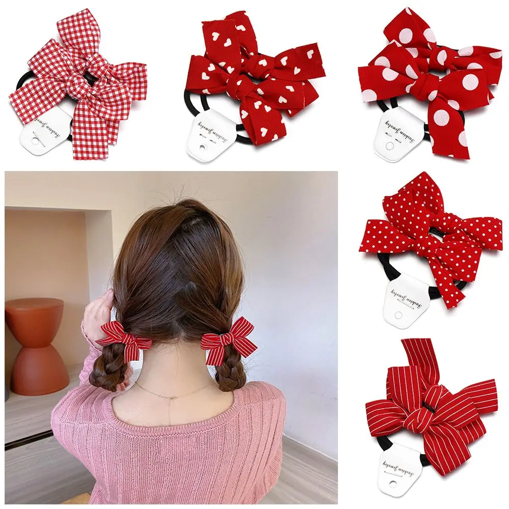 2pcs/set Fashion Cute Red Bowknot Headwear Head Rope Double Horsetail Hair Rope
