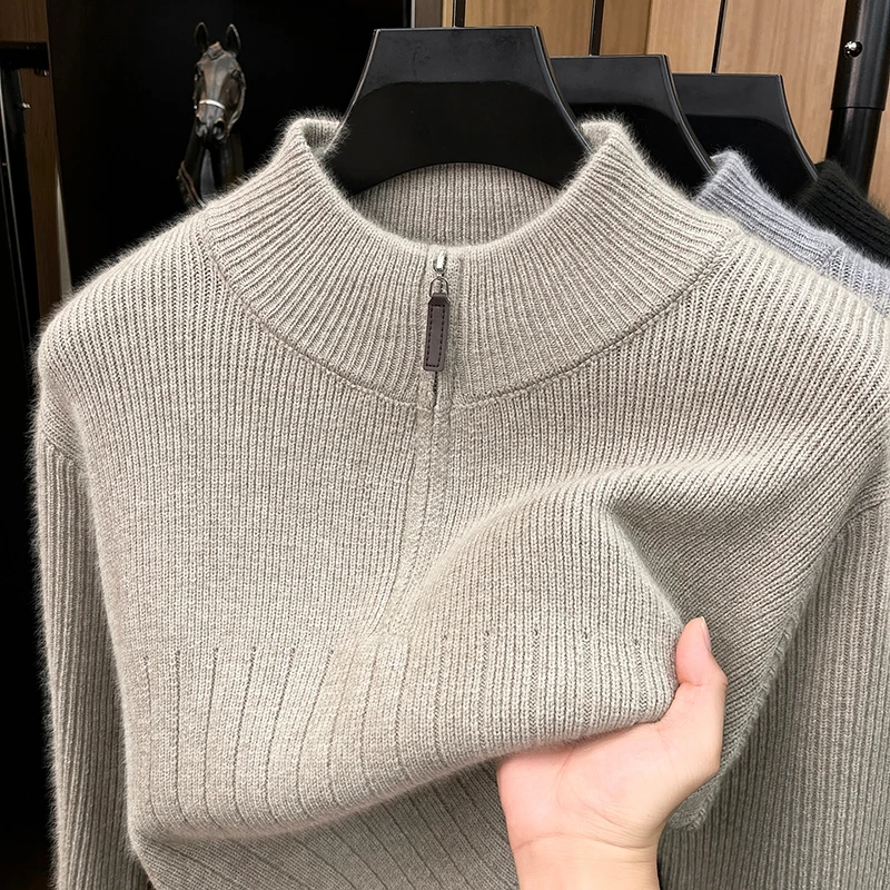 High quality solid color knitted half high neck pullover men's new soft comfort warm fashion autumn winter half zipper sweater