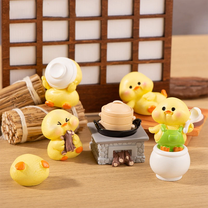 Dollhouse Cartoon Cute Kitchen Cooking Little Yellow Duck Resin Small Ornaments Micro Landscape Desktop Car Home Decoration