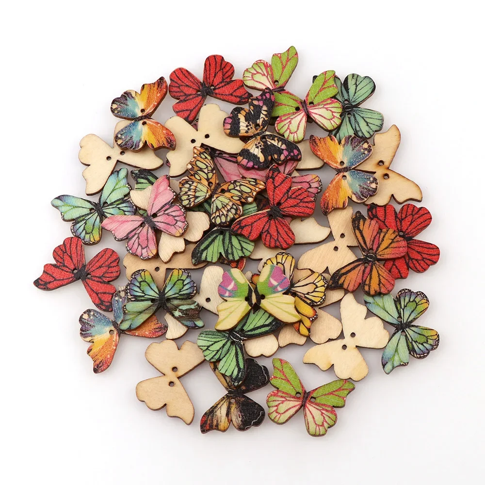 50pcs Butterfly Wooden Button Mix Color Christmas DIY Button Fit Sewing Buttons Crafts Scrapbooking Craft Accessories