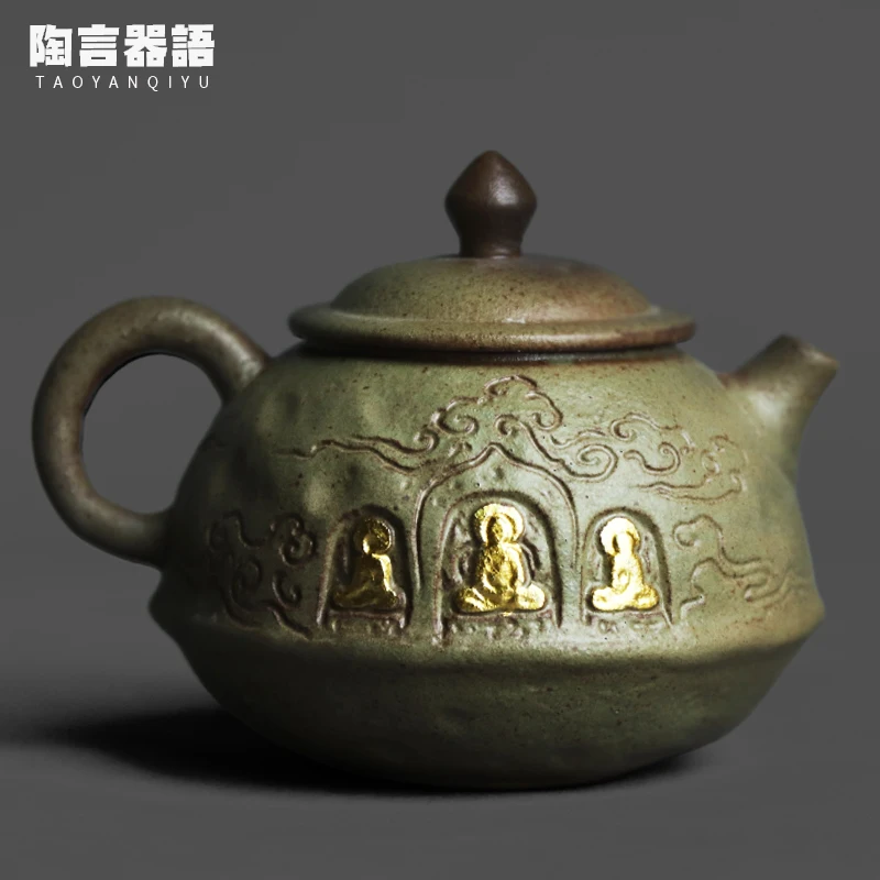 Vintage kiln-formed moss-green gilded hand-held teapot embossed grotto Buddha motifs tea tea bags brewing pots