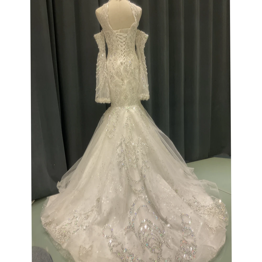 Kisswhite Green Collection customized off the shoulder long sleeves beads crystals mermaid wedding dresses