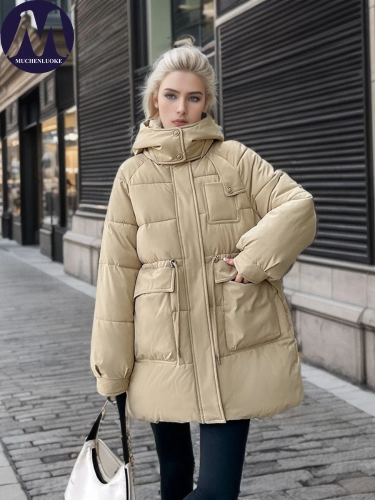 Doudoune à capuche décontractée pour femmes, parkas mi-longues à manches longues, mode coréenne, ample, épaississante, chaude, nouvelle, hiver, 2023