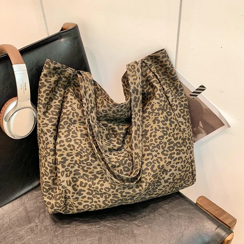 Hot Sale Leopard Pattern Shoulder Bags High Quality Zipper Canvas Fabric Bags for Women Autumn Casual Fashion Classic Tote Bags