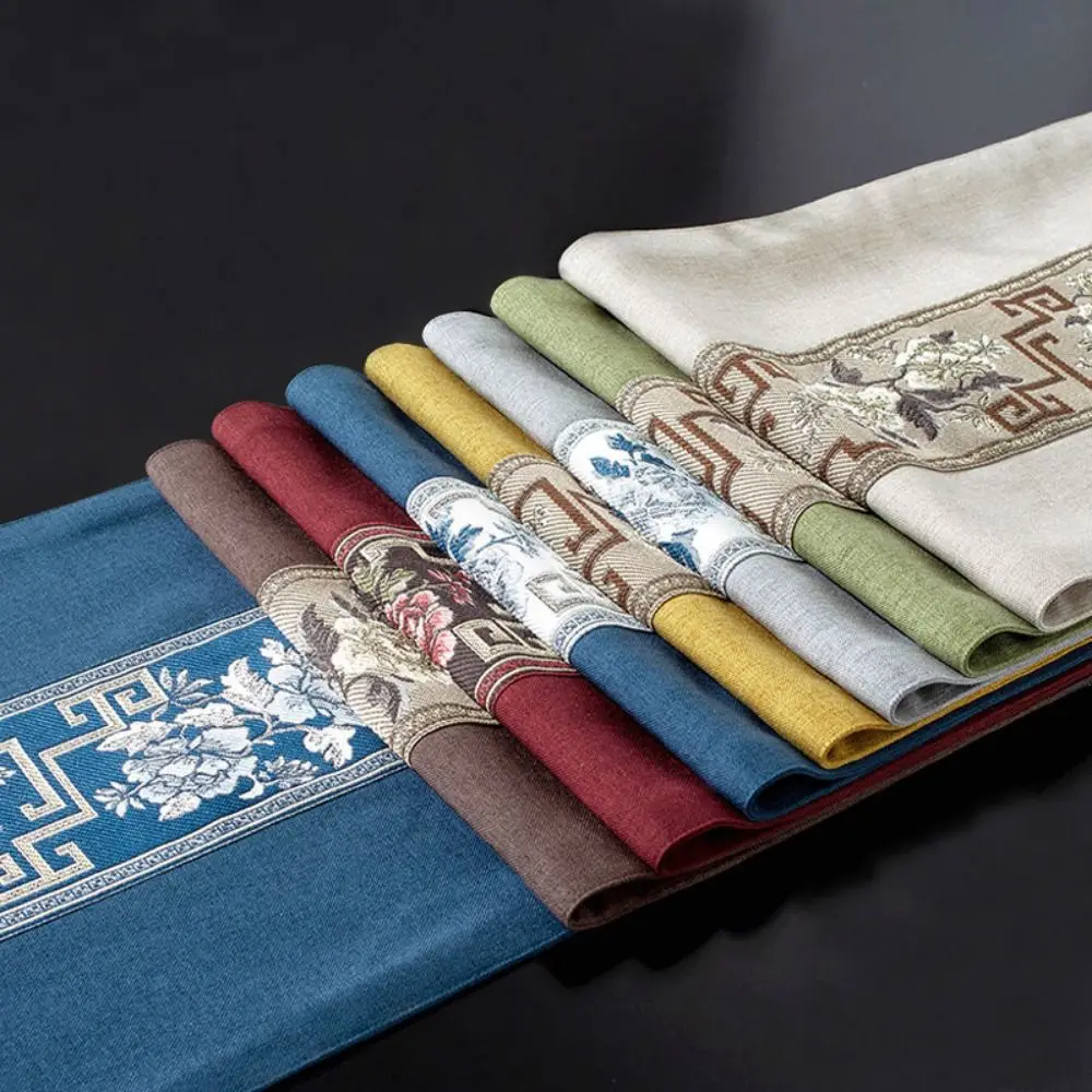 Vintage Retro Table Flag Chinese Style Washable Tea Table Cloth Waterproof Jacquard Fabric Floral Table Runner Home Kitchen Use