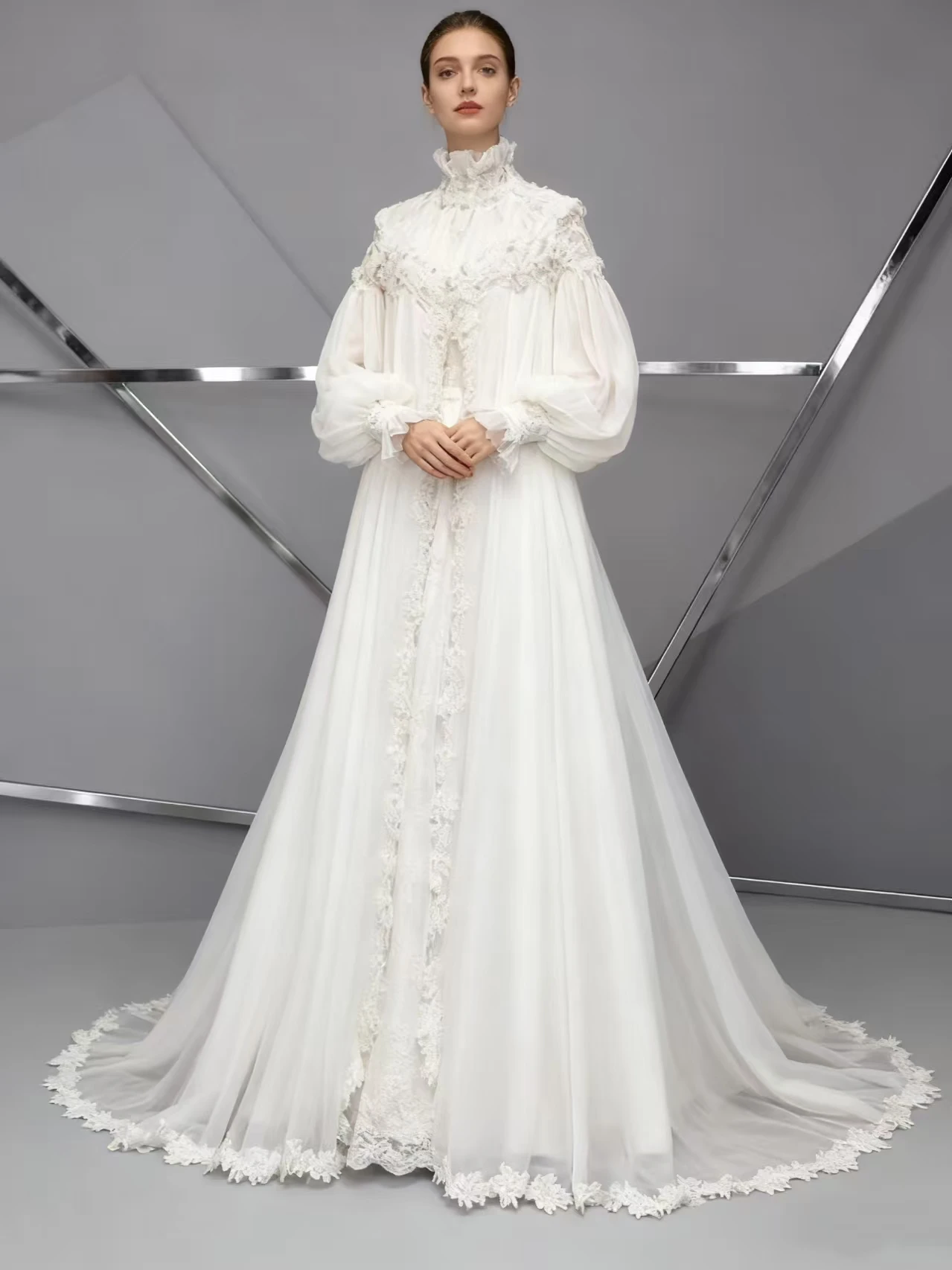 Fashion Chiffon Appliques Muslim Wedding Dresses Long Sleeve High Neck Bridal Gown Arabic Dubai Vestidos De Novia Customized