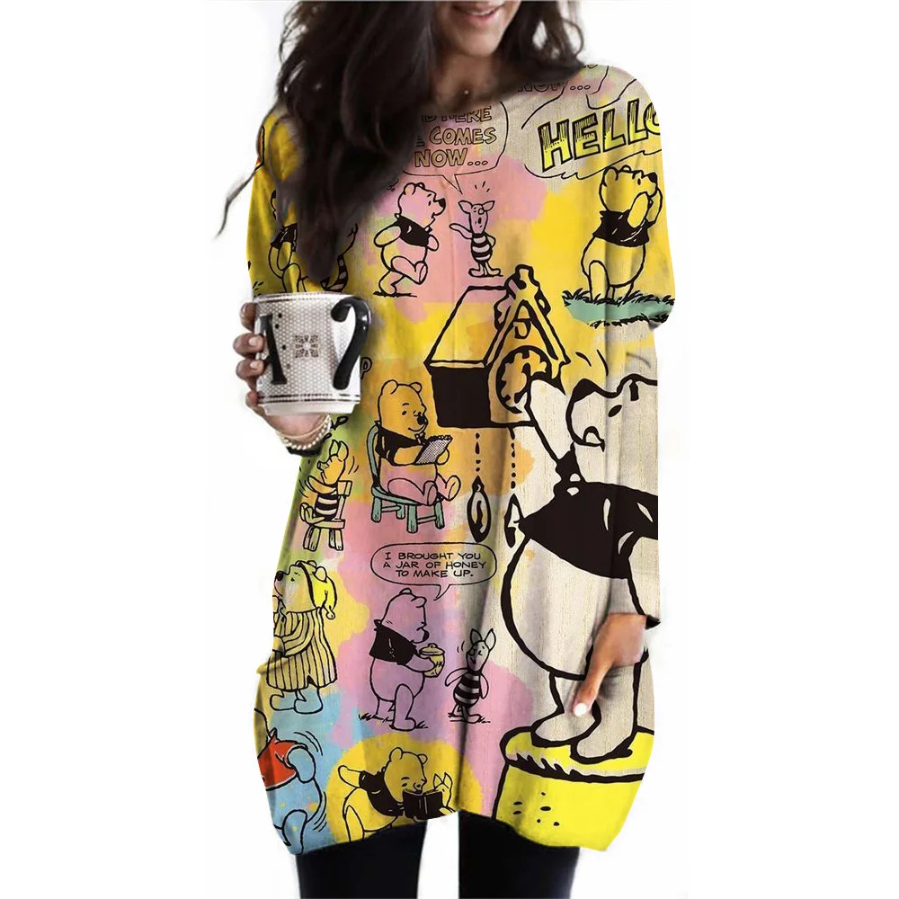 Round neck Winnie the Pooh print top for women, long sleeved casual loose T-shirt, fashionable pocket T-shirt, waist Tops