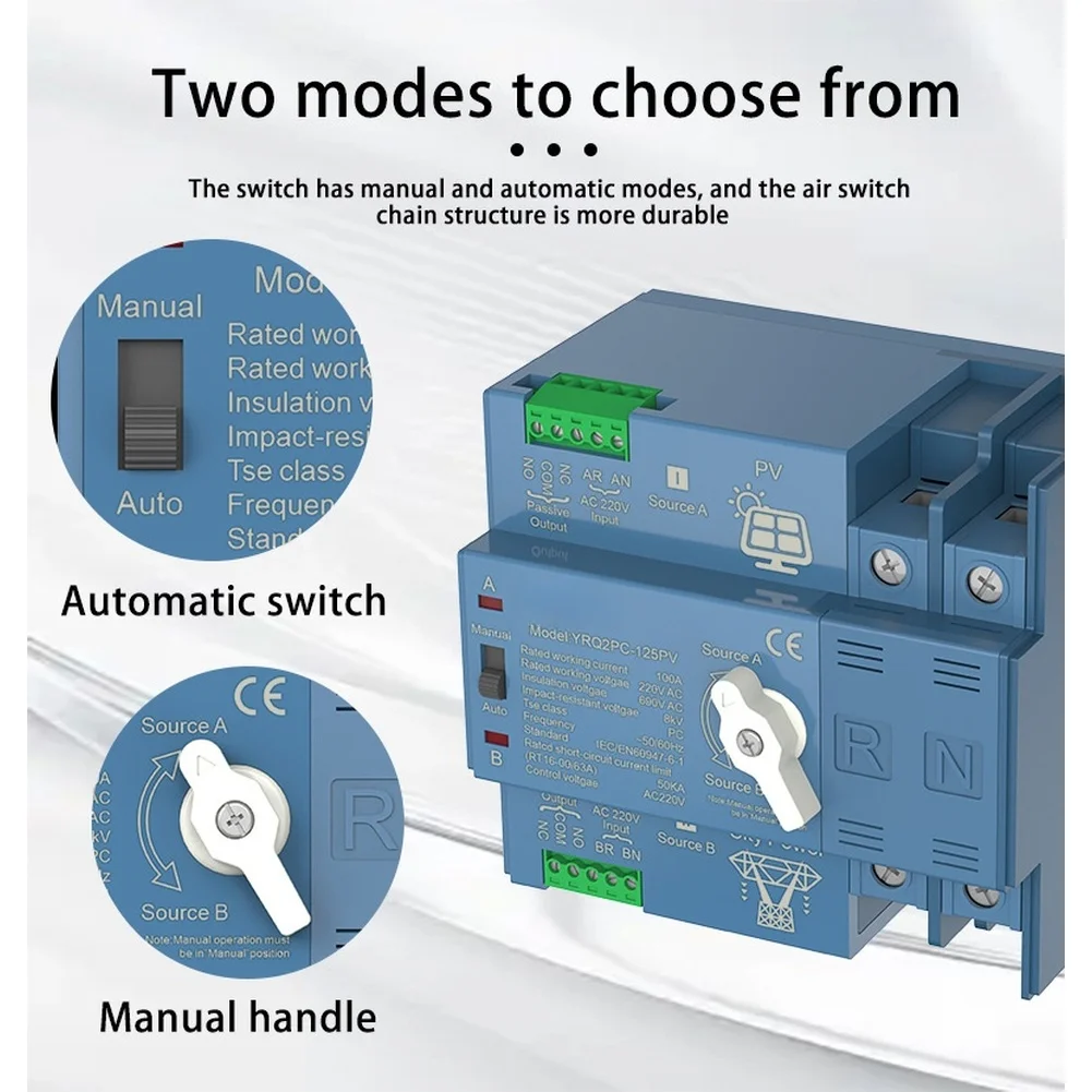 220V 2P Dual Power Automatic Transfer Switch 63A 100A 125A Generator / Photovoltaic Household Power Transfer Switch