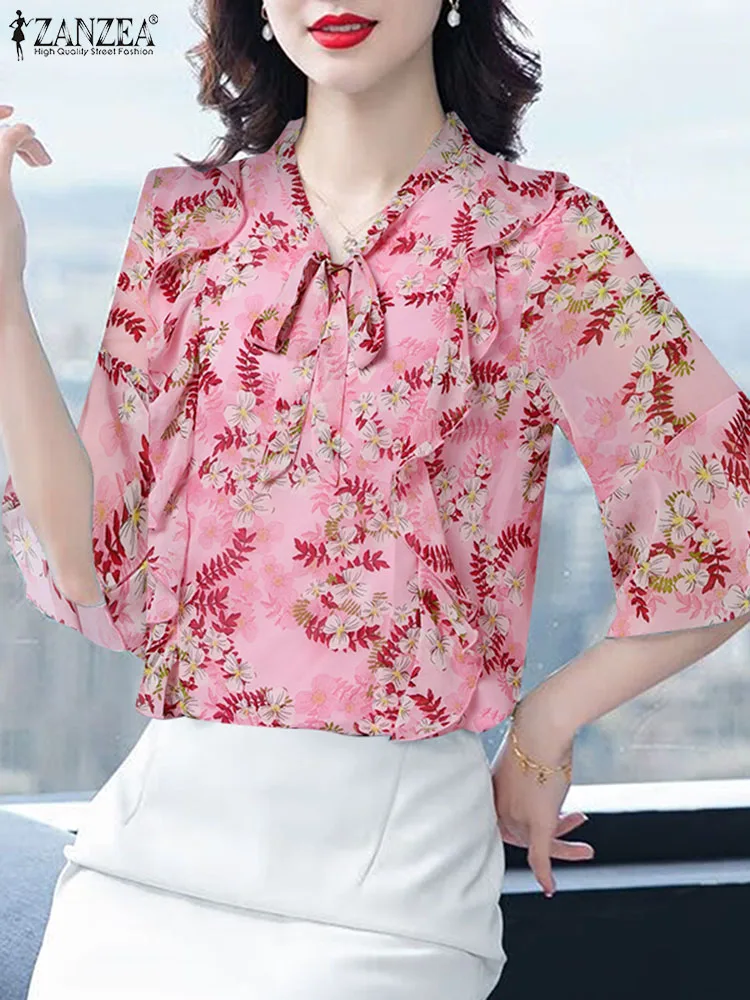 ZANZEA Fashion Summer Ladies Tops Women Flare 3/4 Sleeve Blouse Vintage Bow Tie Neck Tops Office Lady Floral Print Casual Shirt