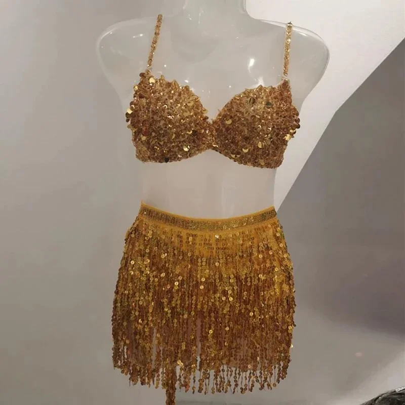 Conjunto de danza del vientre con borla de lentejuelas para mujer, traje de fiesta de carnaval, conjunto de dos piezas de bailarina de poste de jazz, top corto y falda