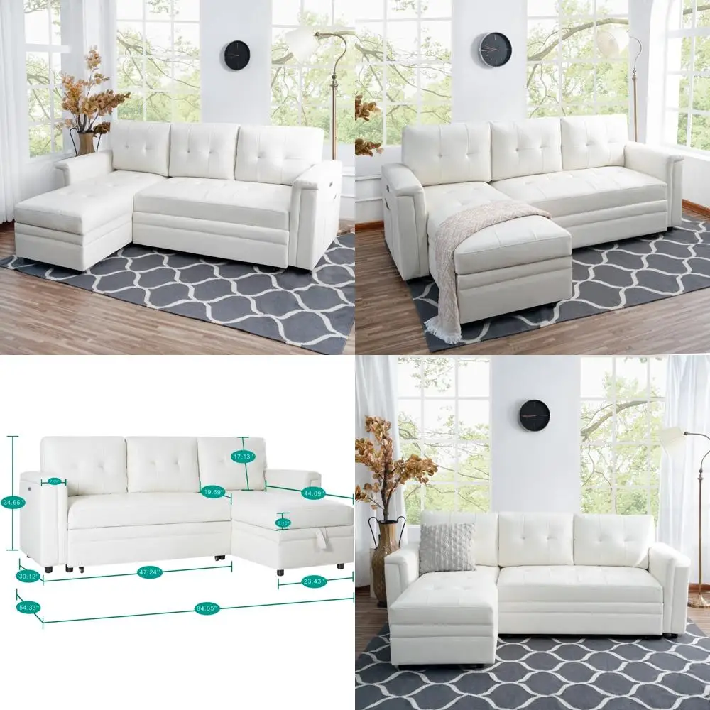 

convertible l-shaped sleeper sofa with usb ports: spacious storage, pull-out bed, timeless style, and durable build