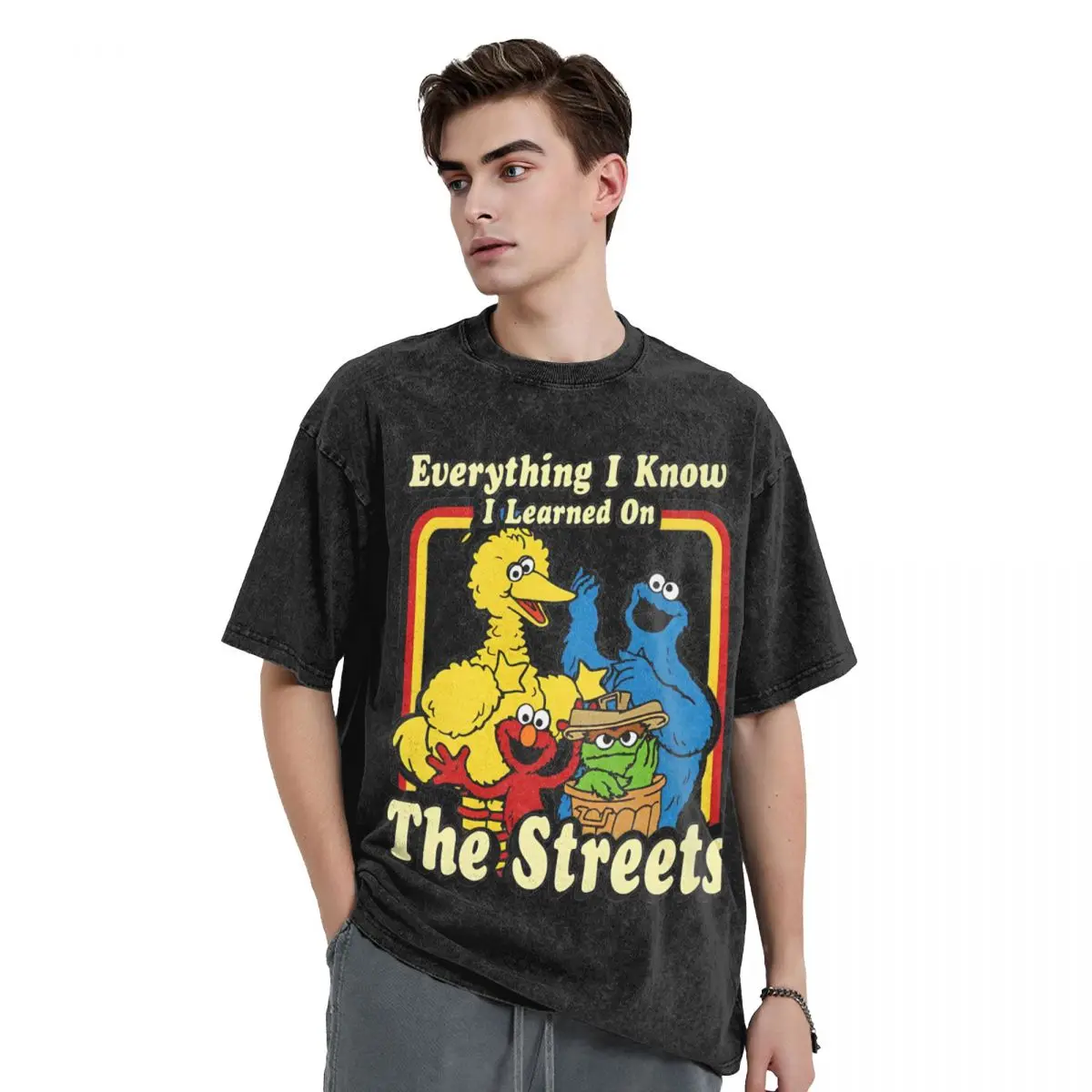 Everything I Know I Learned On The Sesame Street T Shirts Washed Cotton Oversize T-Shirts Retro for Men Streetwear Tops Tees