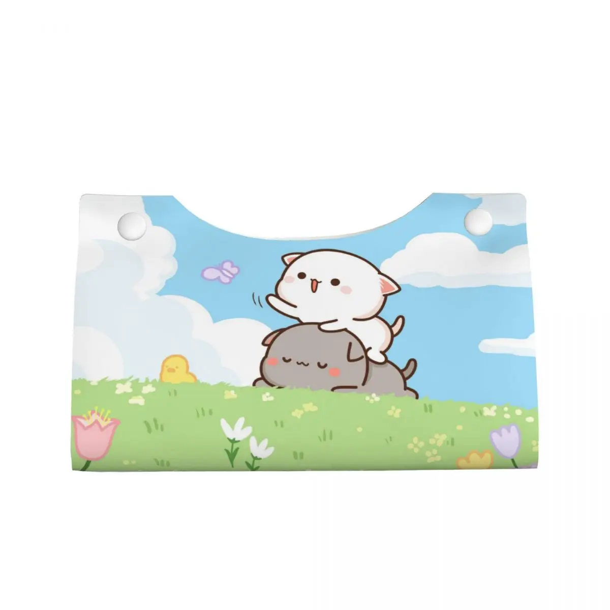 Custom Peach And Goma Facial Tissue Box Cover Rectangular Cartoon Mochi Cat PU Leather Tissue Box Holder for Car Office