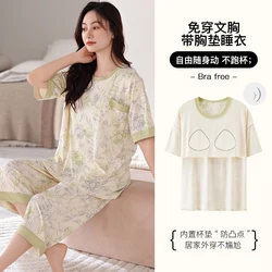Big Size M-5XL Women Pajama Set Summer Knited Cotton Short Sleeve Sleepwear With Chest Pad