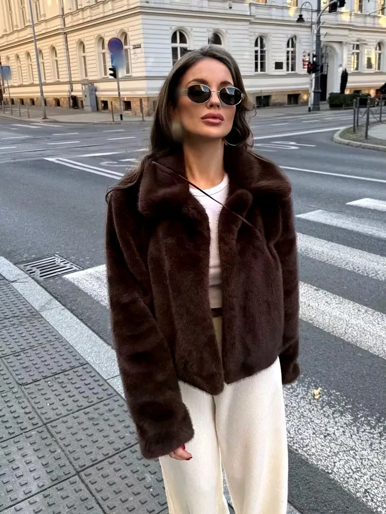 HH femmes hiver élégant revers manches longues simple boutonnage poches latérales décorer mince manteau femme Chic fausse fourrure vestes chaudes