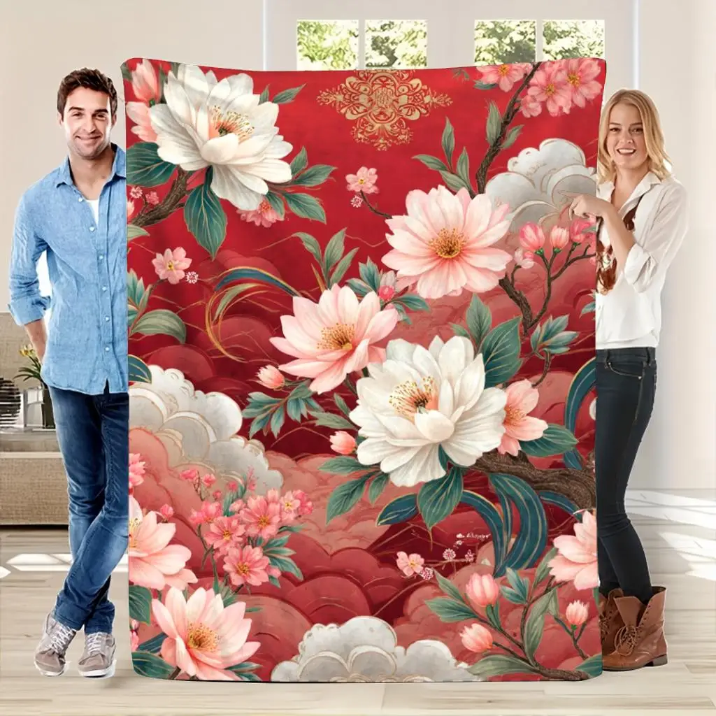 Peony Floral Chinese Style Throw Blanket 150x200cm Large Luxury Decorative Cozy Bed Quilt Gift