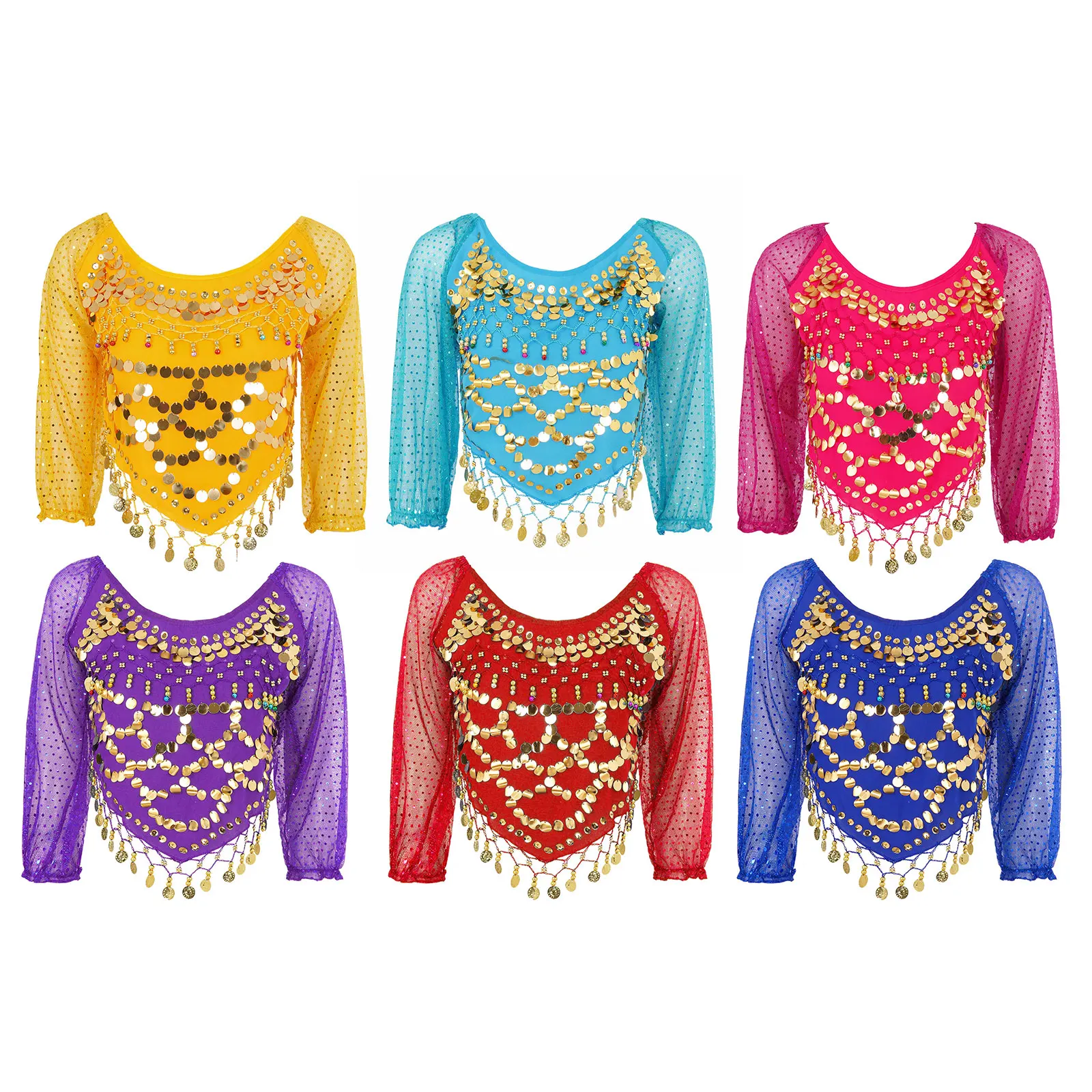 المرأة الشيفون طويلة الأكمام الرقص الشرقي المحاصيل الأعلى لامعة الترتر الذاتي التعادل الظهر غير النظامية هيم القمم كرنفال الأداء زي