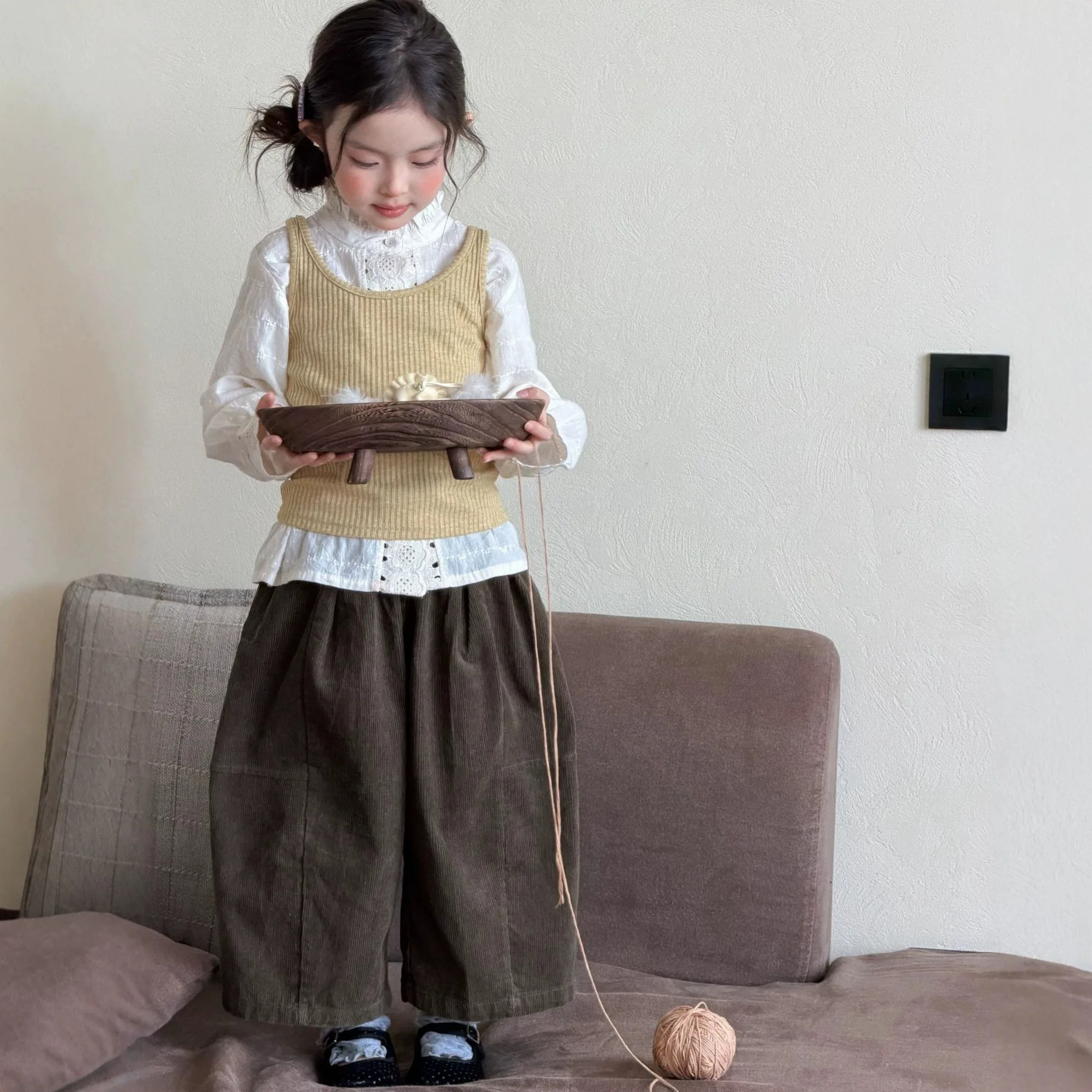 2026 New Girls' Ruffled Shirt Forest Style Versatile Striped Knitted Vest Fashion Casual Corduroy Pants for Little Girls