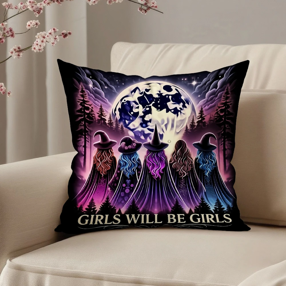 Square Throw Pillow Case Black Purple Witch Silhouettes Full Moon Forest Girls Will Be Girls Quote Home Sofa Chair Decor