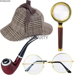 Conjunto de accesorios de disfraz de Detective Retro, sombrero de Detective, juego de rol de cristal, accesorios de Cosplay de Detective para hombres, Ecoparty