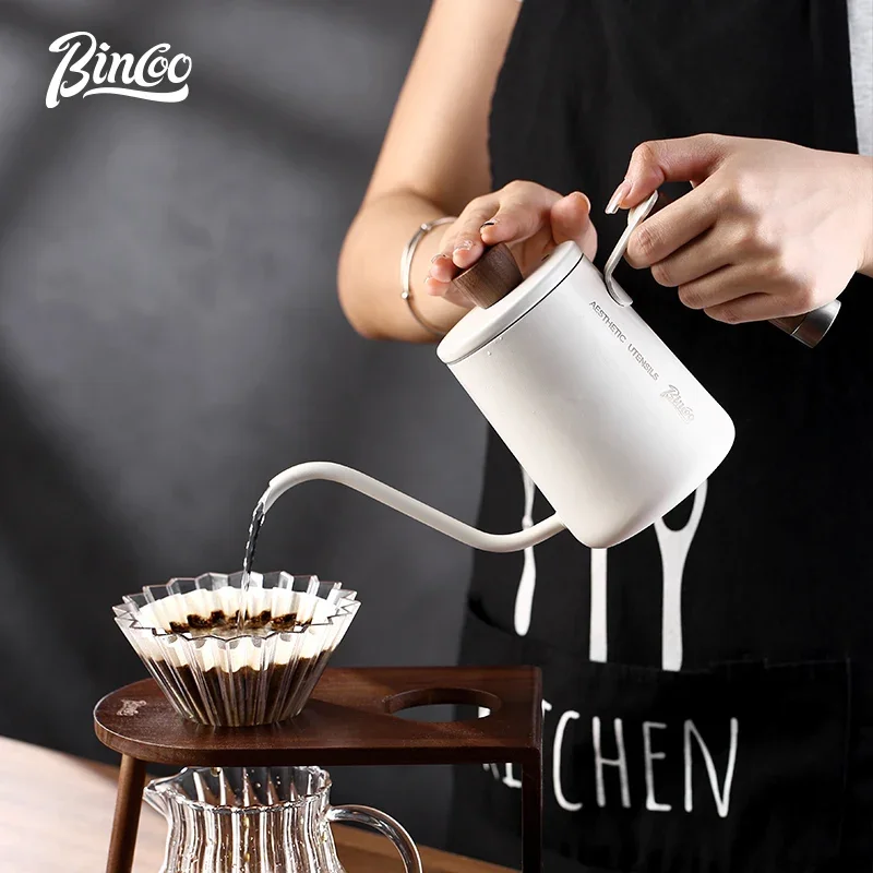 Bincoo 350ML/600ML Gooseneck Kettle, 304 Stainless Steel Coffee Pot with Walnut Wood Handle, Precision Spout for Hand Brewed Pou