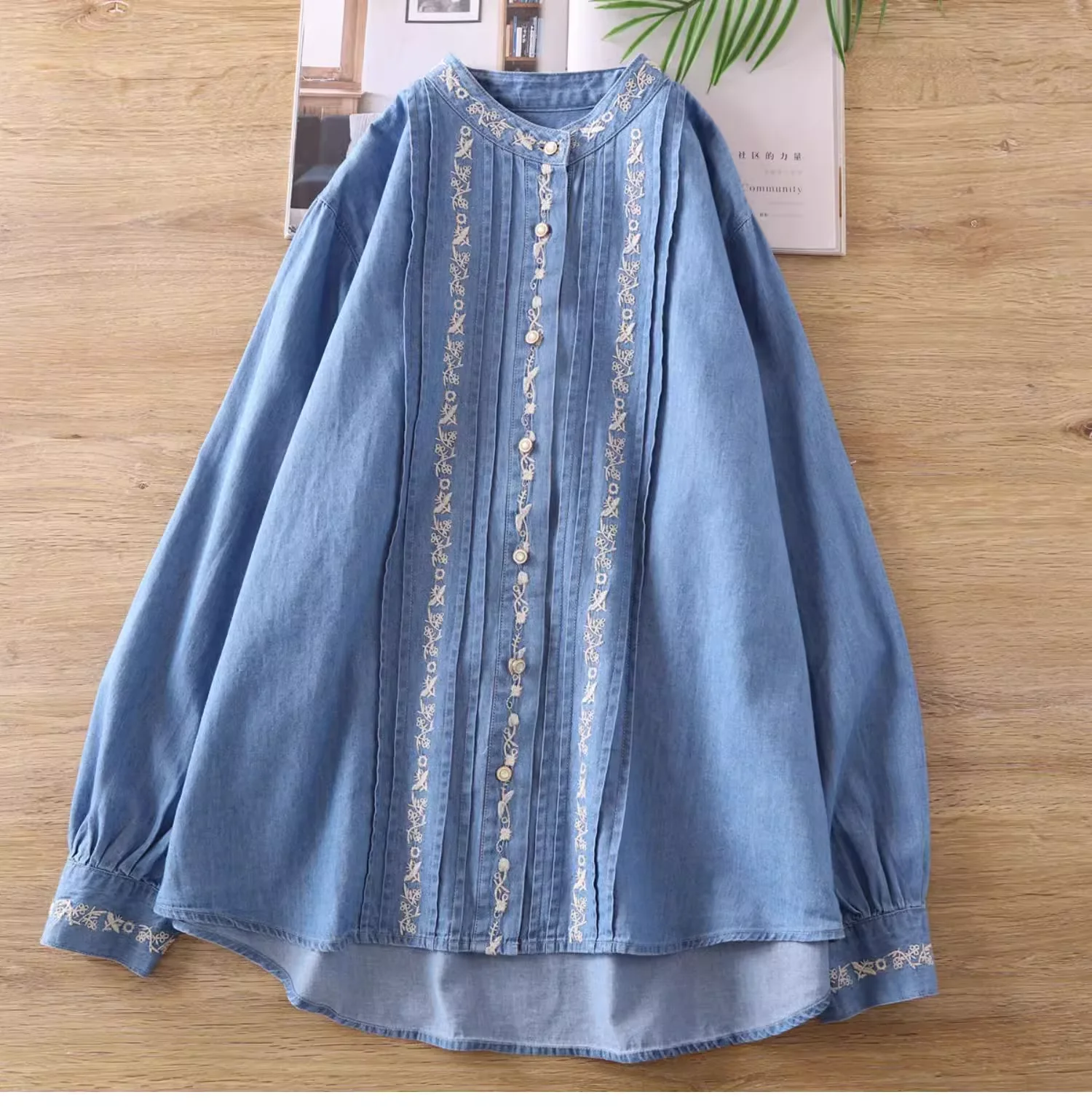 2024 Spring Autumn Women Ethnic Style Embroidery Denim Shirts Blouses Long Sleeve Boho Clothing Women\'s Loose Denim Top