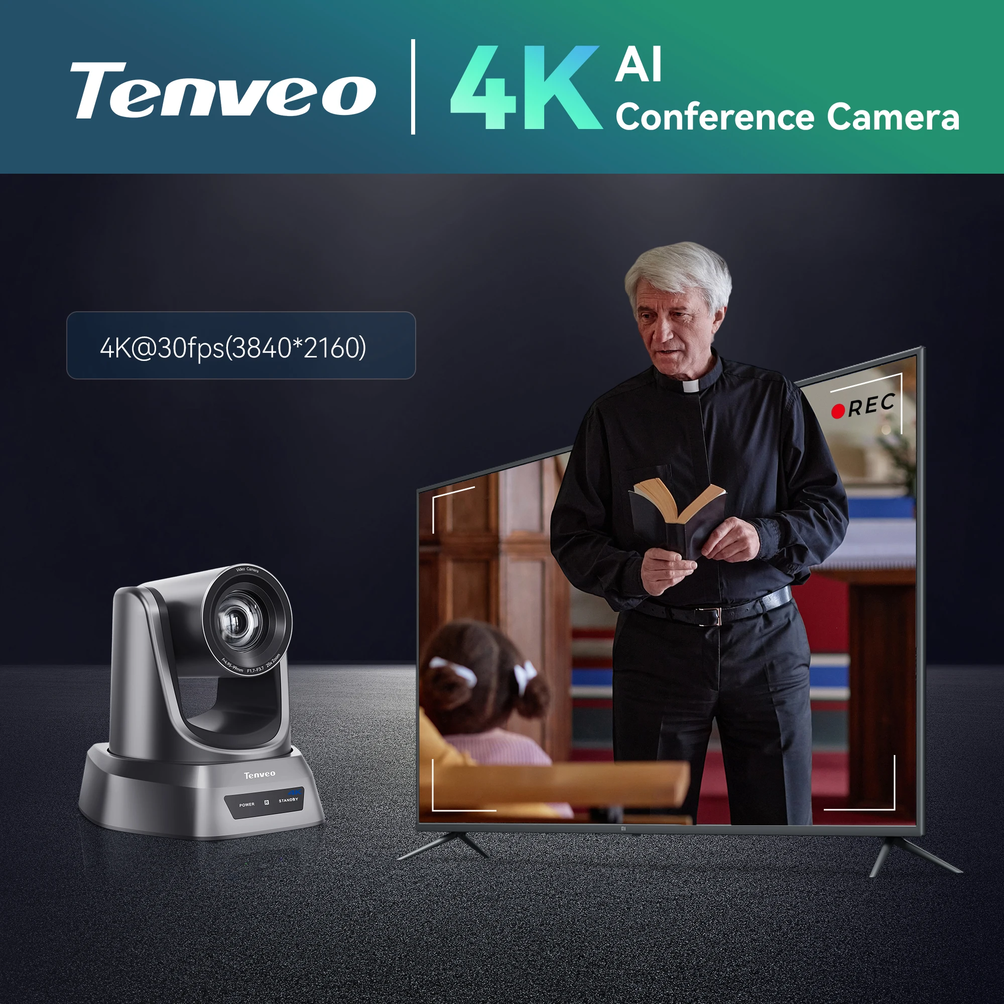 TENVEO NDI PTZ Camera 4K 60FPS 12X Optical Zoom Video Conference System AI Auto-Tracking USB3.0 for Meeting Conference Room view 2