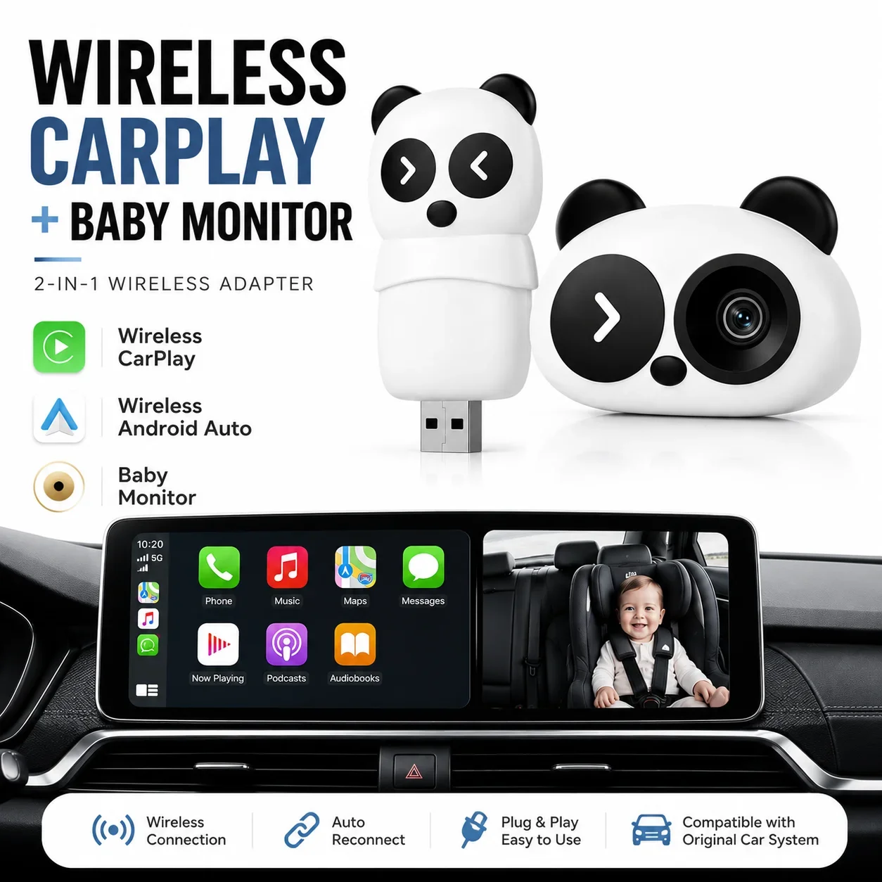Wireless Carplay Car Backseat Baby Camera Night Vision Real-time Monitoring Plug&Play Android Auto for Infant Pets