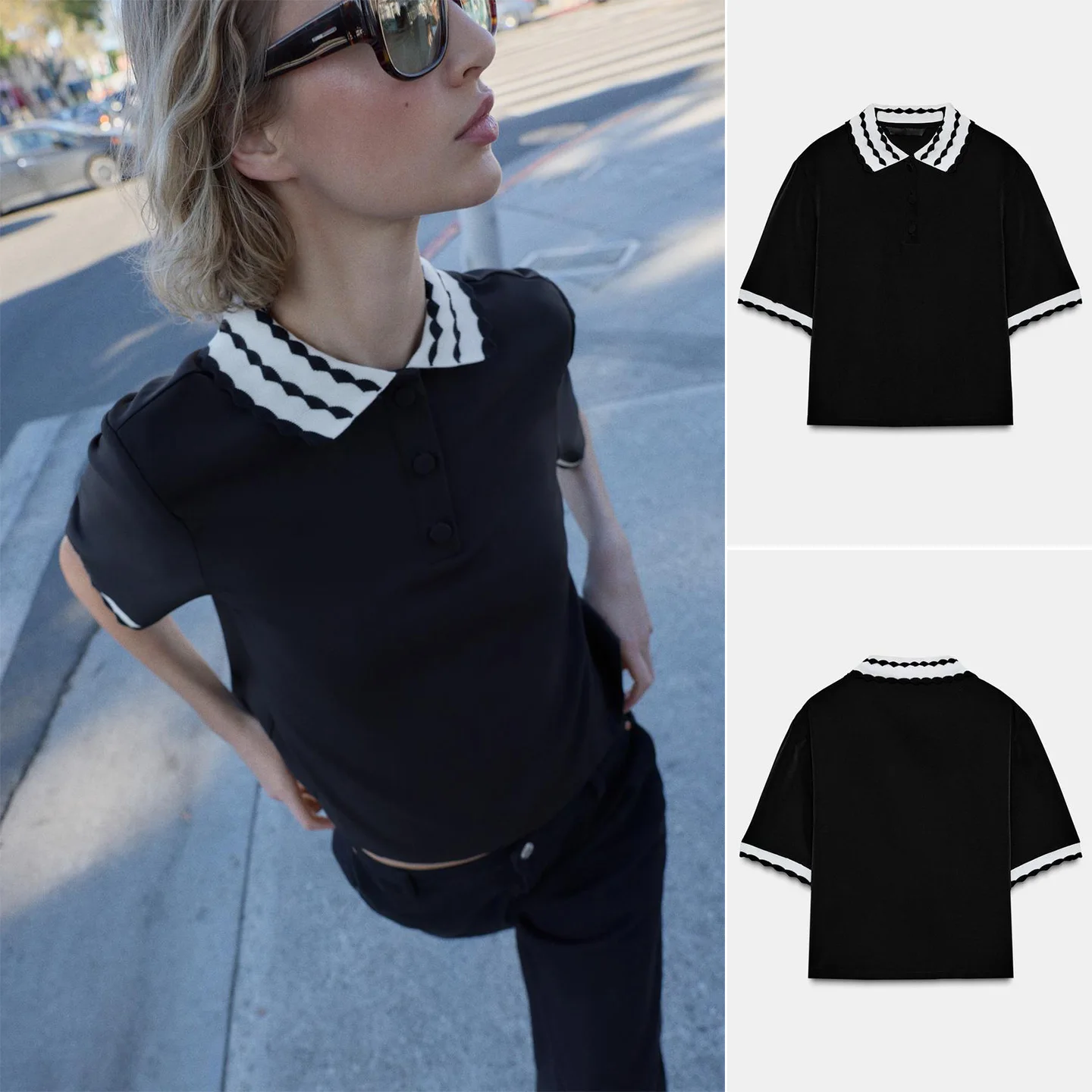 

Spring New Women's College Style Short Sleeve Shirt Collar Patchwork Color Block Top Loose Fit Casual Polyester Fiber
