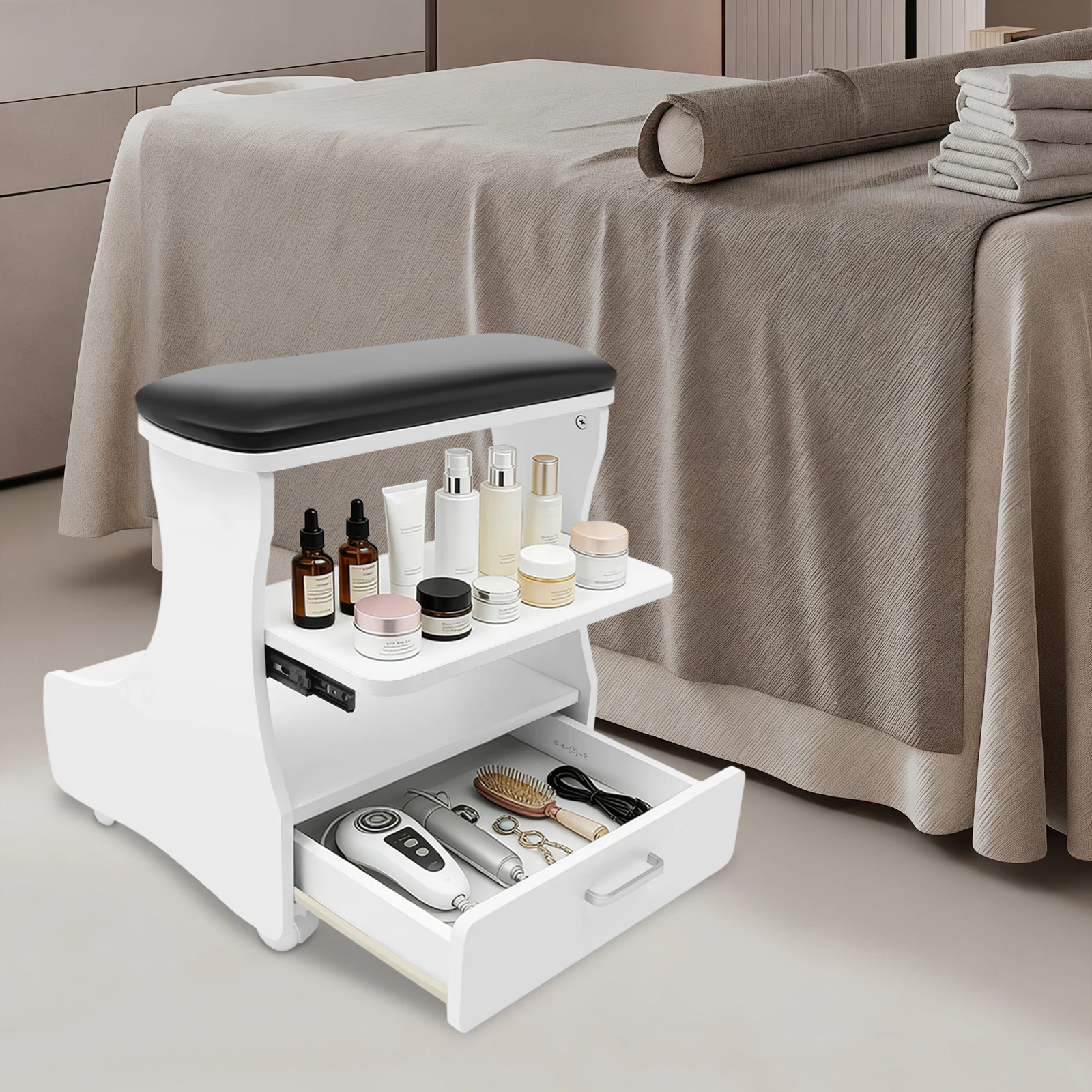 Removable Foot Bath Stool，with Wheels and Drawer，Foot Rest Pedicure Funiture, for Foot Baths