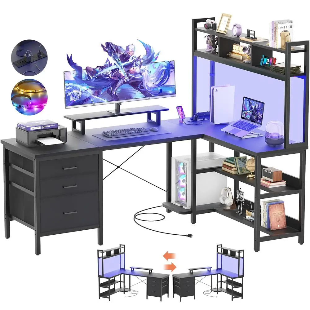 

L Shaped Desk with Hutch, Gaming Desk with Led Lights, Reversible Computer Desk with Power Outlet, Corner Desk with File Drawer