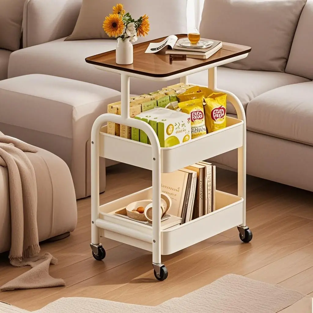Movable trolley sofa side few bedside shelves high coffee table table living room snacks rental house