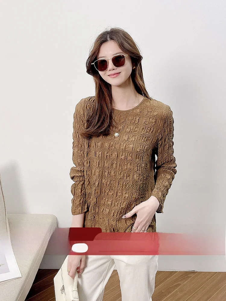 

Korean Fashion Long Sleeve round Neck Bubble Pleated Silk Shirt Women's Elegant Silk Top Autumn New Style