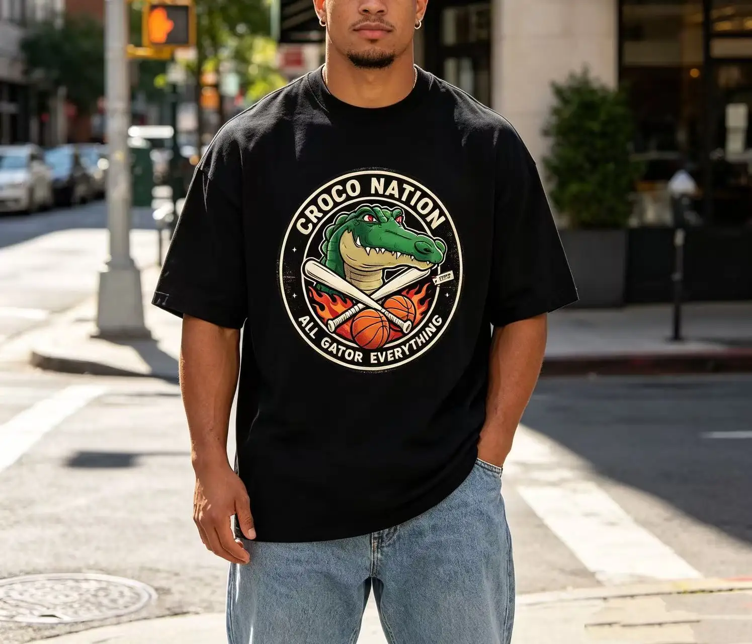 Unisex Croco Nation All Gator Everything Crocodile Basketball Baseball Retro Circle Logo Graphic T Shirt Men Women Animal Sport Print Oversized Tee