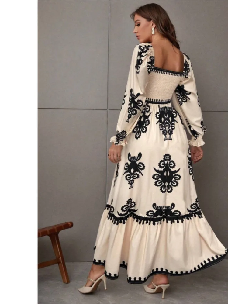 موضة ساحة الرقبة أنيقة عالية الخصر المرأة فستان بكم طويل الخريف المطبوعة الخصر نمط طويل فساتين الحفلات النسائية 2025