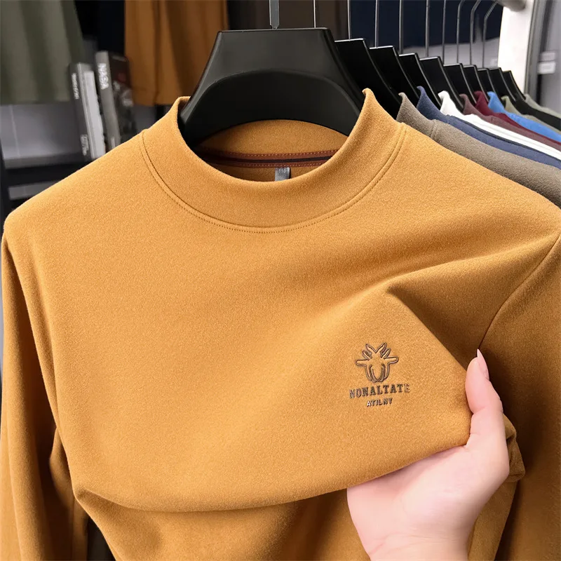 

Men's Double-sided German Velvet Long Sleeved T-shirt 2025 Winter New Fashion Interior Half High Neck Base Shirt