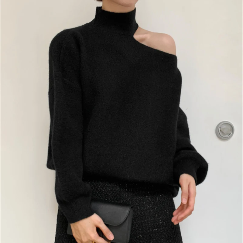 Women Hollow Out Sexy Sweater Turtleneck Long Sleeve Knitted Pullovers One Shoulder Causal Sweater For Women Autumn Winter